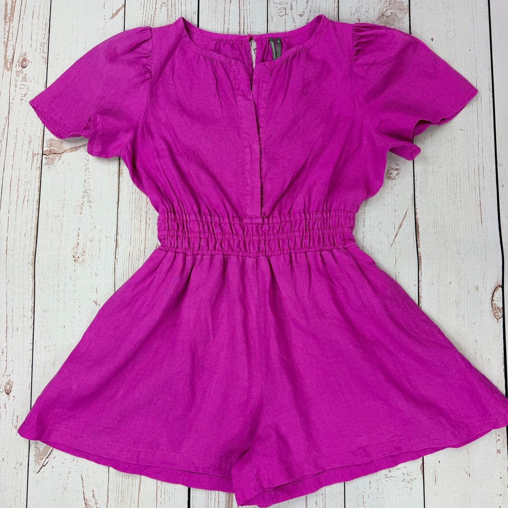 Anthropologie Magenta Linen Short Sleeve Smocked Waist Romper XXS OB2199085
